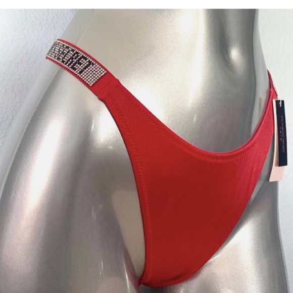 Victorias Secret Nwt Brazilian Sexy Cheeky Red Shine Strap Swim Bikini Bottom - Picture 1 of 3